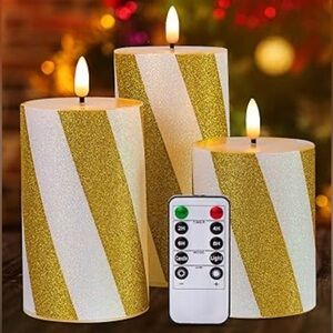 Set of 3 LED  Gold Stripes Glitter Flameless Candles Battery Operated Real Wax